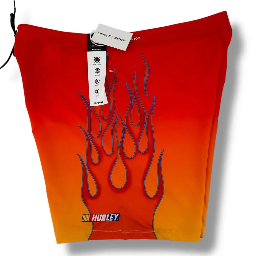 Hurley Nascar Phantom Eco Flames Swim Trunks Boardshorts Sz 38 Checker Flag 18